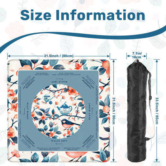 Birds and Tea Design Mahjong Mat, Size 31.5 x 31.5, Smooth Play Surface