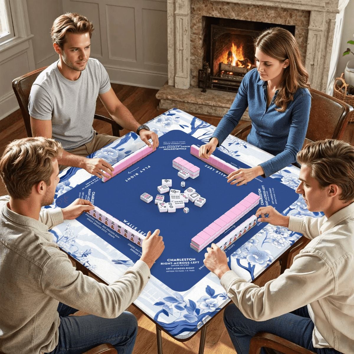 Blue Garden Mahjong Mat with Storage Case | Classic Blue & White Design
