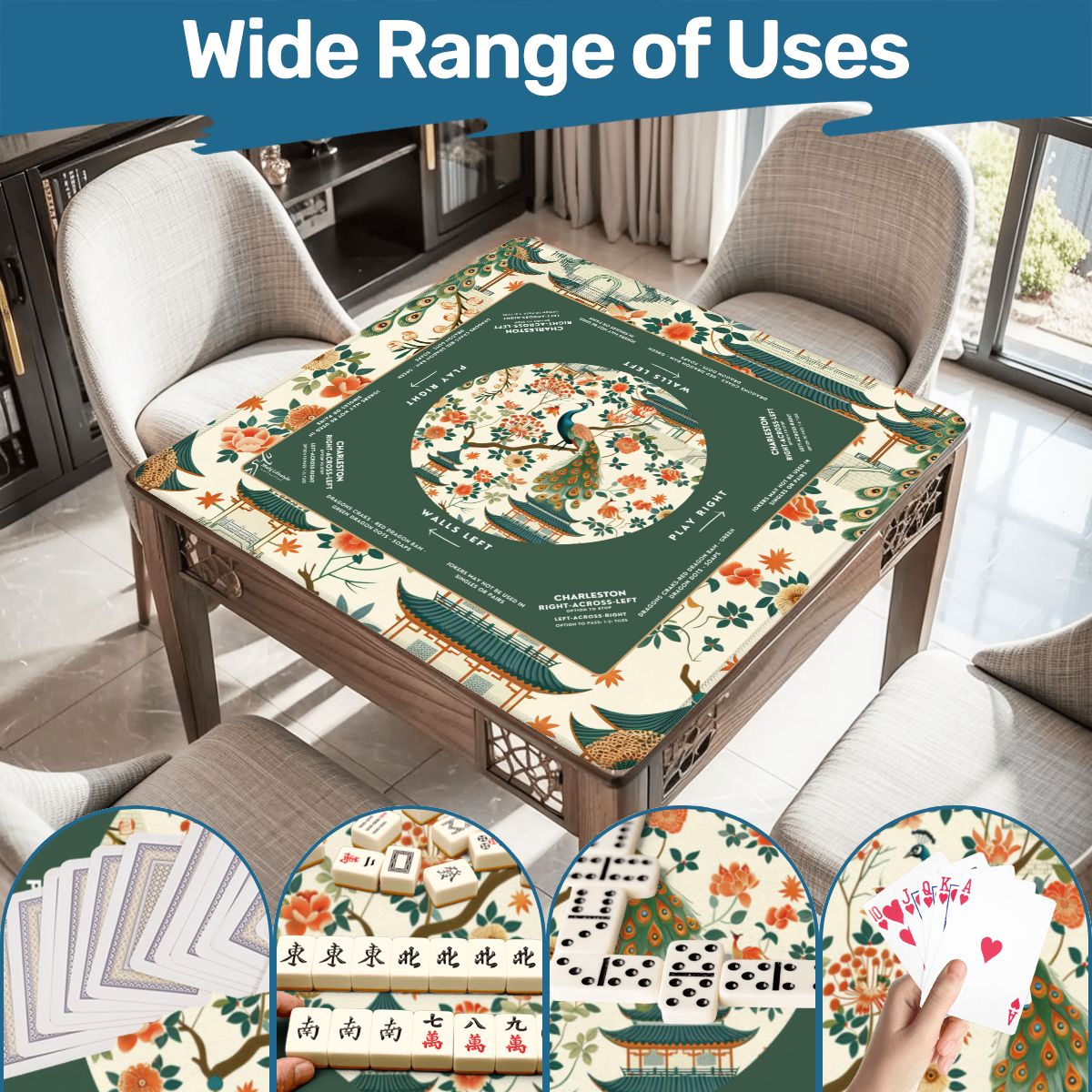 Green Peacock Design Mahjong Mat, Size 31.5 x 31.5  inches
