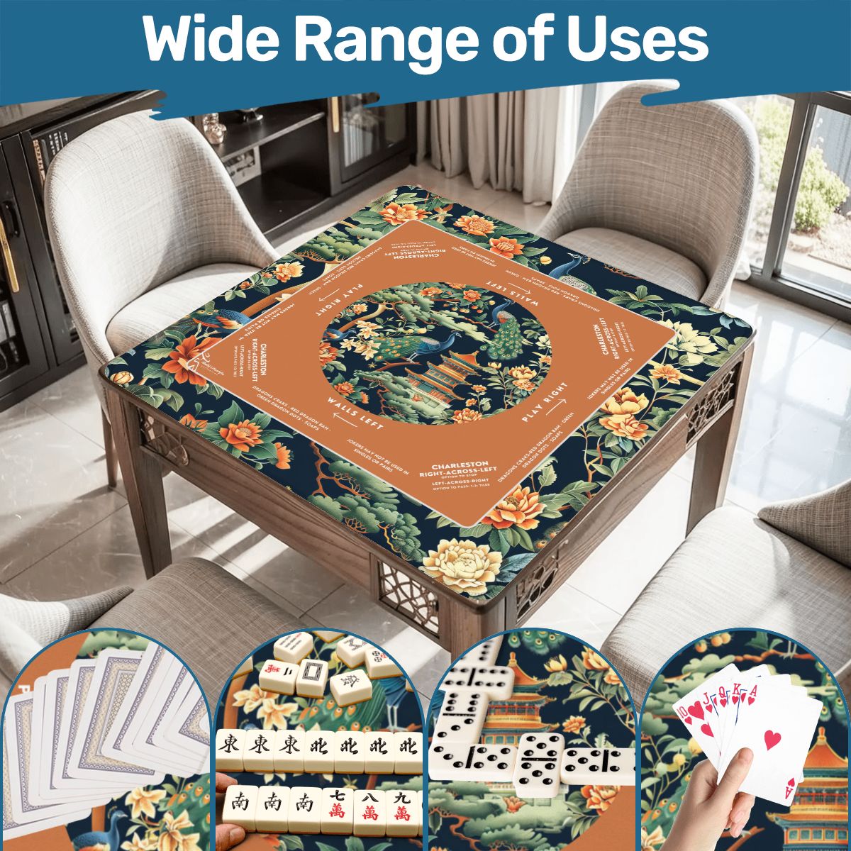 Orange Peacock Mahjong Mat 31.5 x 31.5 - For Ultimate Game Night Experience
