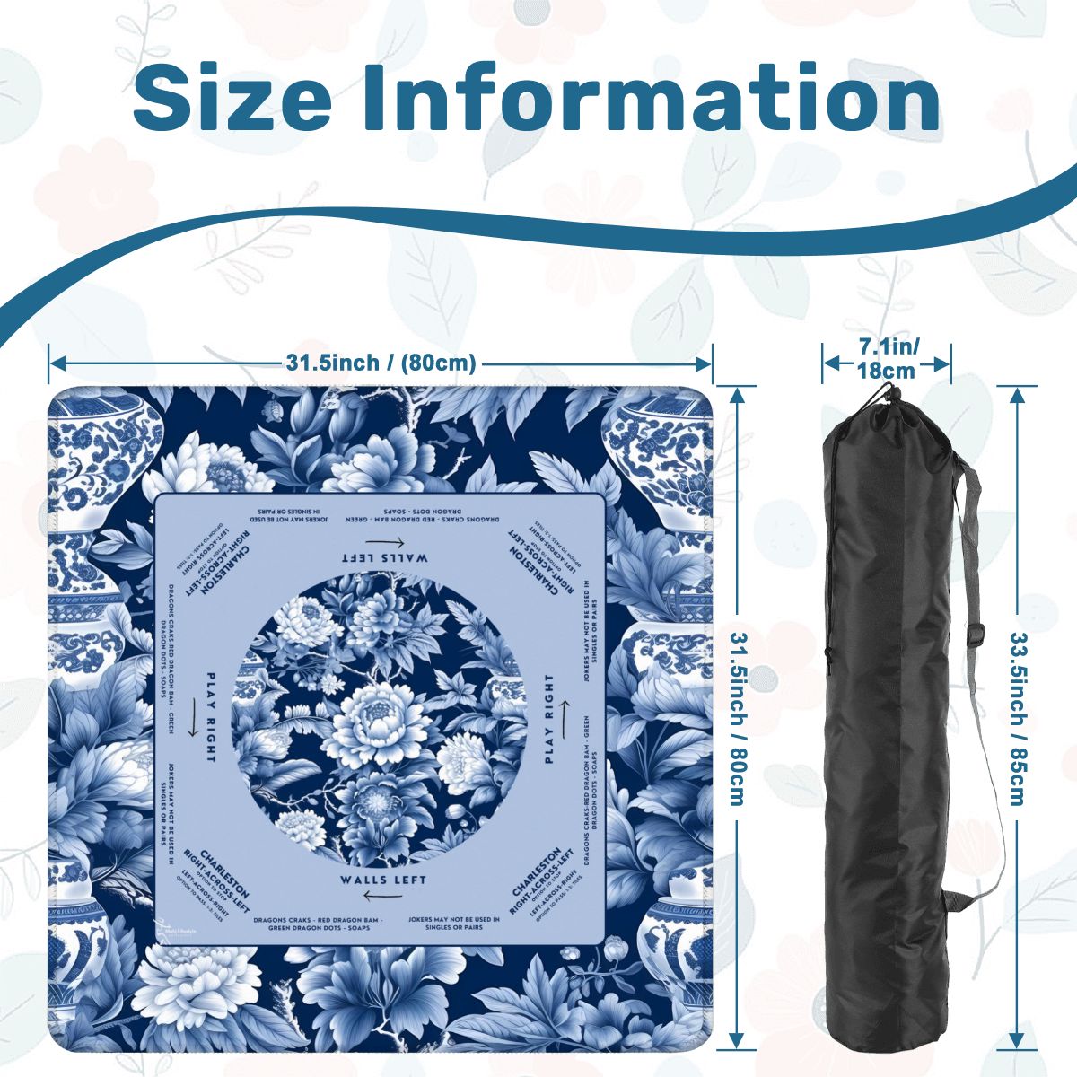 Blue Floral Mahjong Mat 31.5 x 31.5 - Durable Surface for Enthusiastic