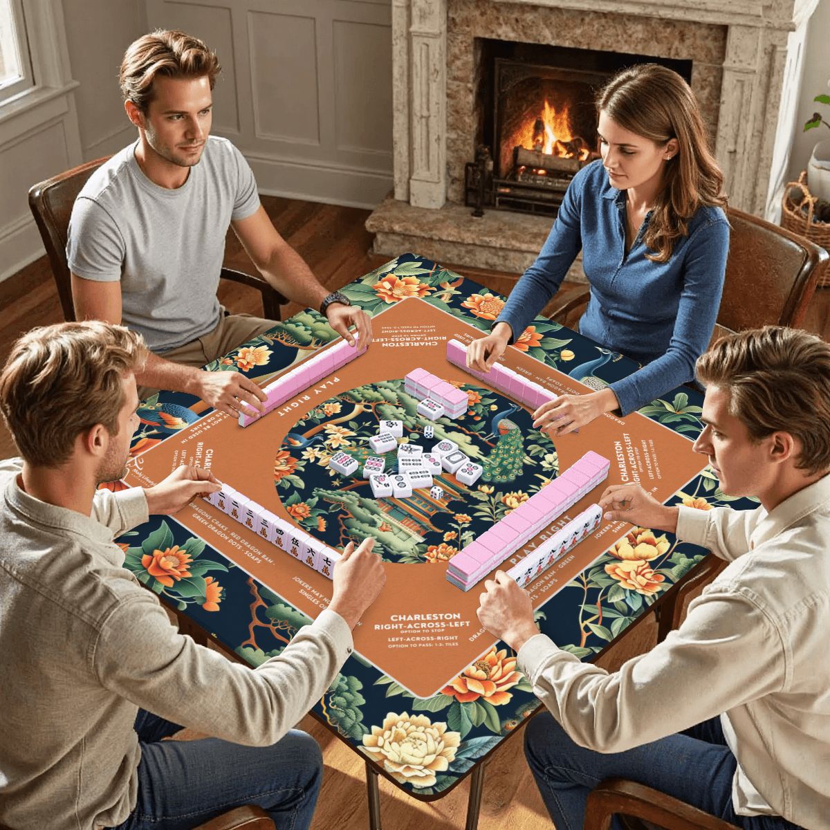 Orange Peacock Mahjong Mat 31.5 x 31.5 - For Ultimate Game Night Experience