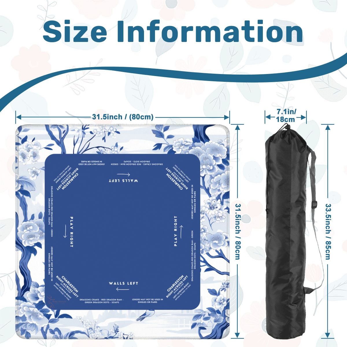 Blue Garden Mahjong Mat with Storage Case | Classic Blue & White Design