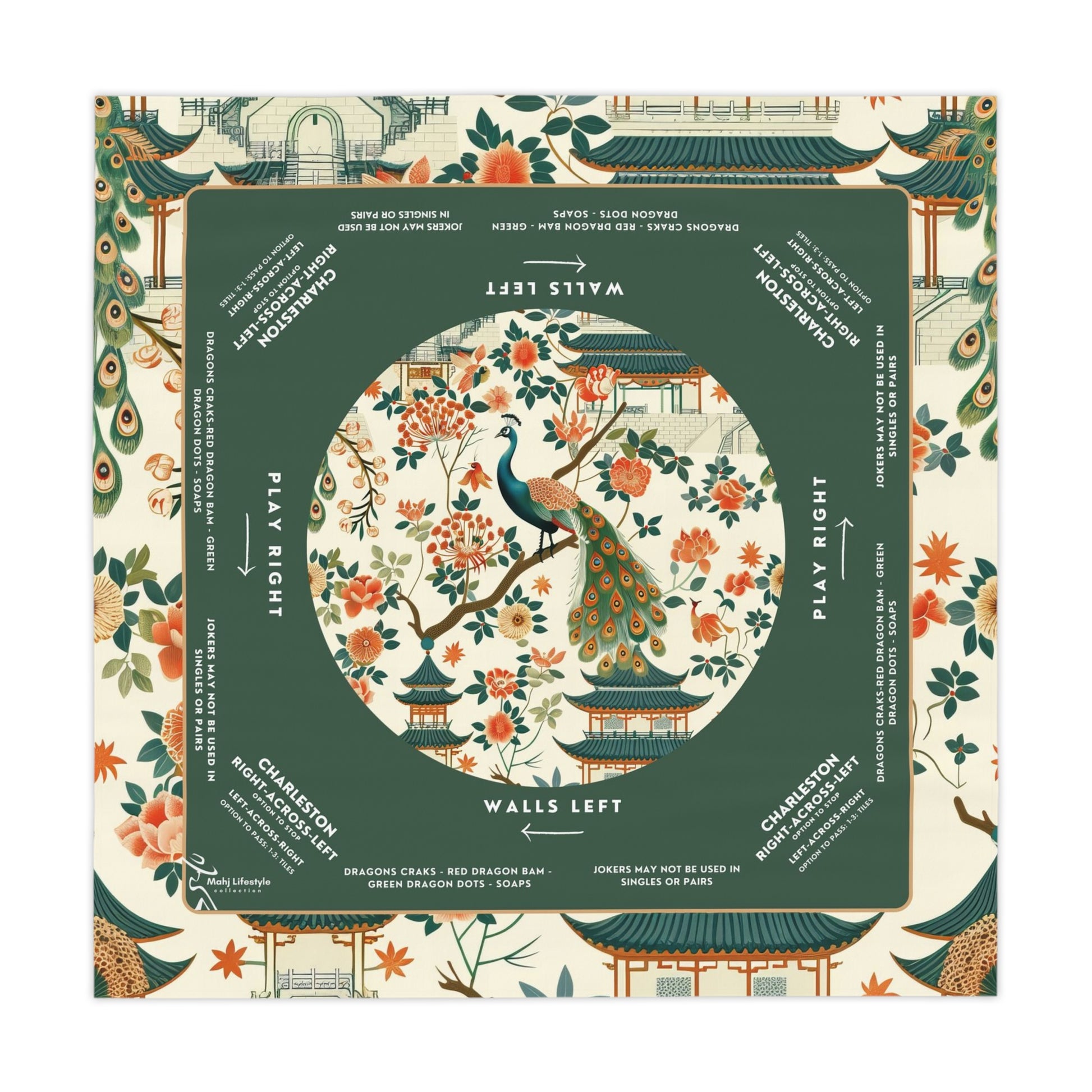Premium Green Peacock Design Mahjong Mat Custom Made - Enhance Your Game Night with a Smooth, Durable Surface
