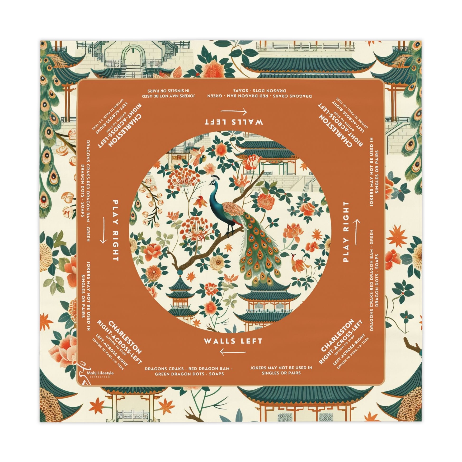 Premium Orange and Navy Peacock Mahjong Mat Custom Made - Smooth, Durable Surface for Enhanced Game Nights