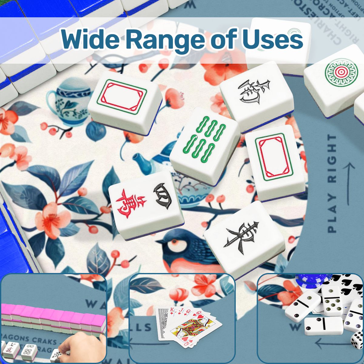 Birds and Tea Design Mahjong Mat, Size 31.5 x 31.5, Smooth Play Surface
