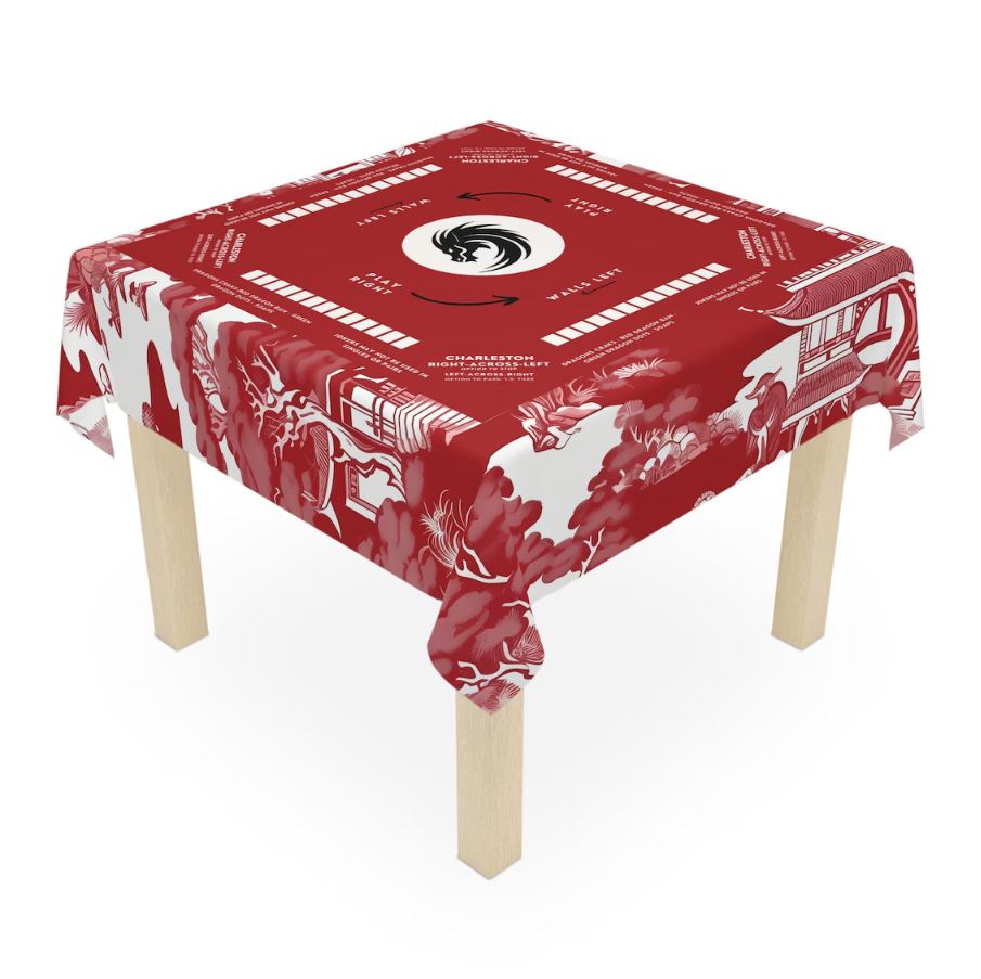 Dark Red Mahjong, Chinoiserie Design, Chinoiserie Style Tablecloth, size 55.1" by 55.1", Mahjong Chinoiserie tabletop with instructions
