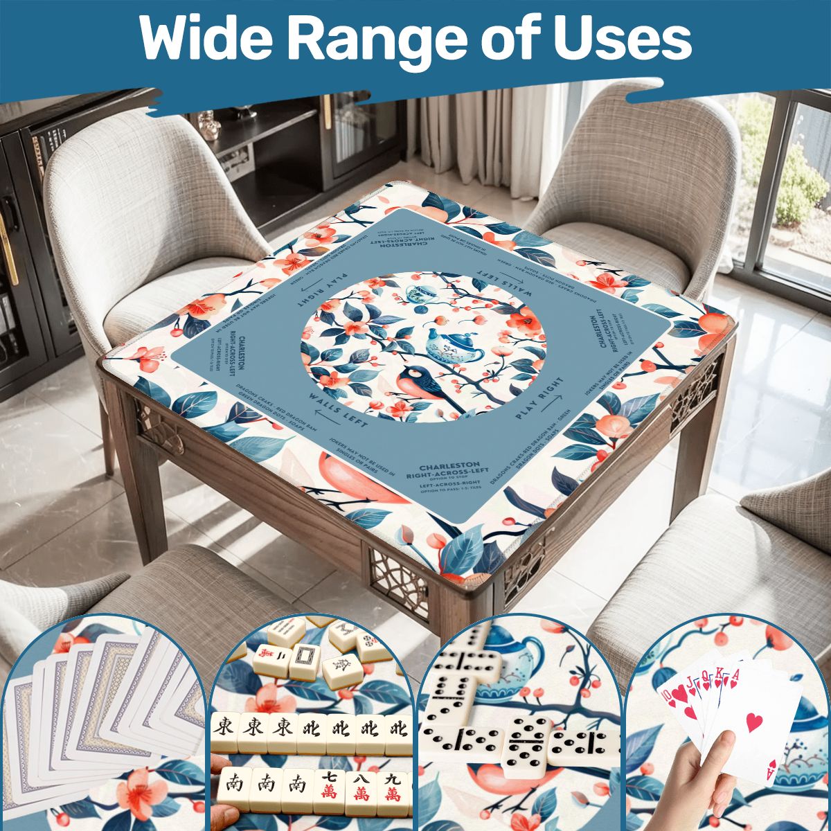 Birds and Tea Design Mahjong Mat, Size 31.5 x 31.5, Smooth Play Surface