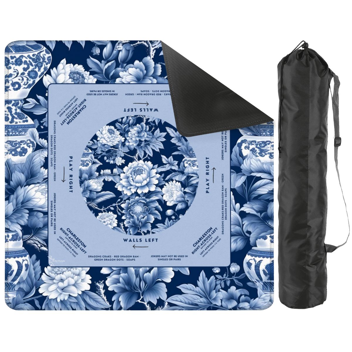 Blue Floral Mahjong Mat 31.5 x 31.5 - Durable Surface for Enthusiastic