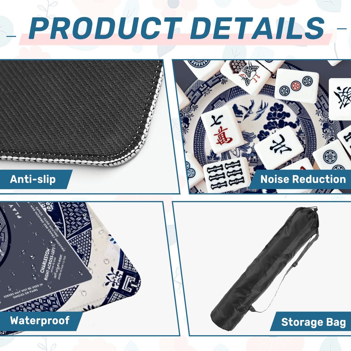 Chinoiserie Mahjong Mat with Storage Case | Classic Blue & White Table Mat