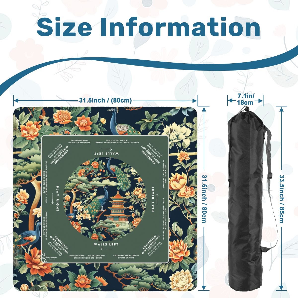 Green Peacock Chinoiserie Mahjong Mat with Storage Case