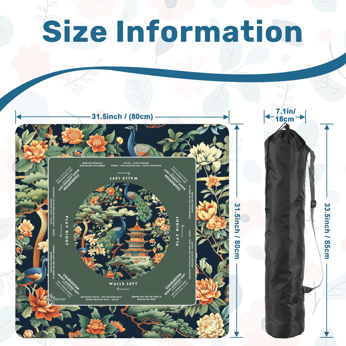 Green Peacock Mahjong Mat 30x30 - Durable Surface for Great Game Nights