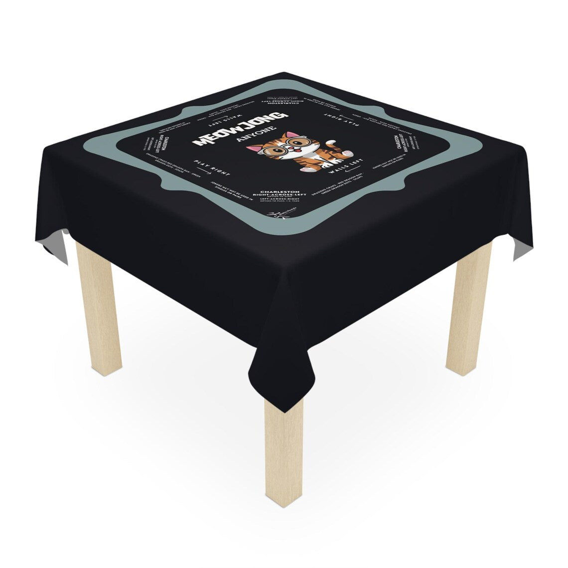 Cute Kitten Blue Rim Mahjong Tablecloth with Instructions - Perfect for Mahjong Lovers