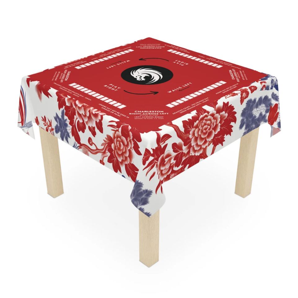 Red Mahjong table cloth, Serene Bamboo Breeze Mahjong, Red and blue Chinoiserie Design, size 55.1" by 55.1", Mahjong with instructions