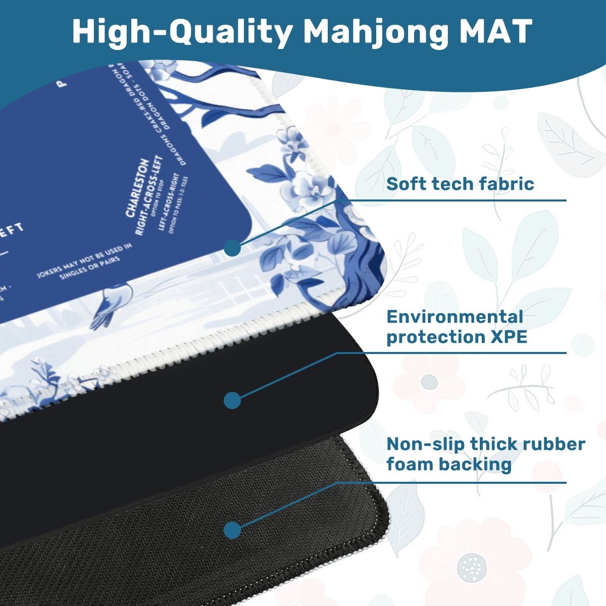 Blue Garden Mahjong Mat with Storage Case | Classic Blue & White Design