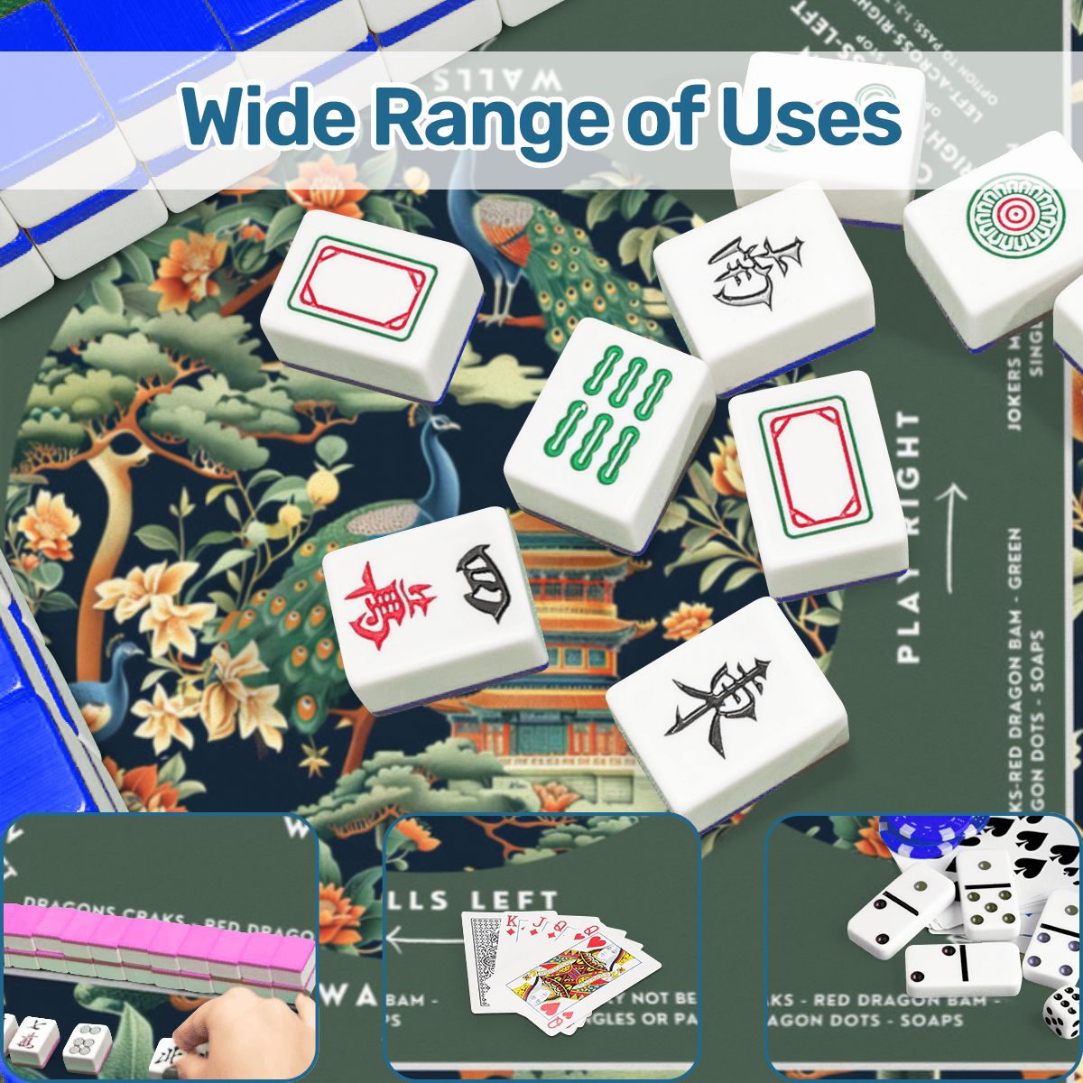 Green Peacock Mahjong Mat 30x30 - Durable Surface for Great Game Nights