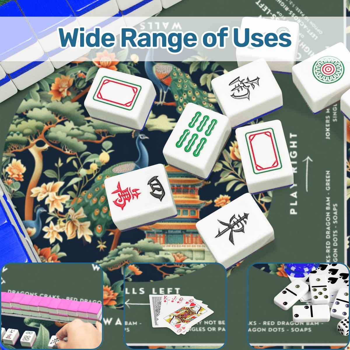 Green Peacock Chinoiserie Mahjong Mat with Storage Case