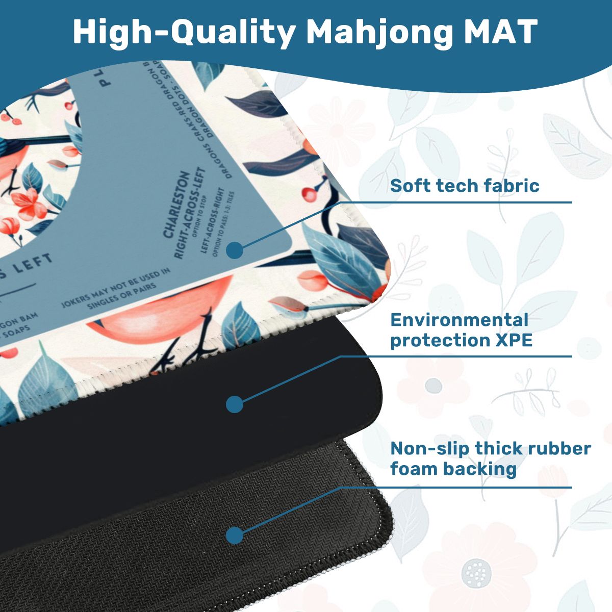 Birds and Tea Design Mahjong Mat, Size 31.5 x 31.5, Smooth Play Surface