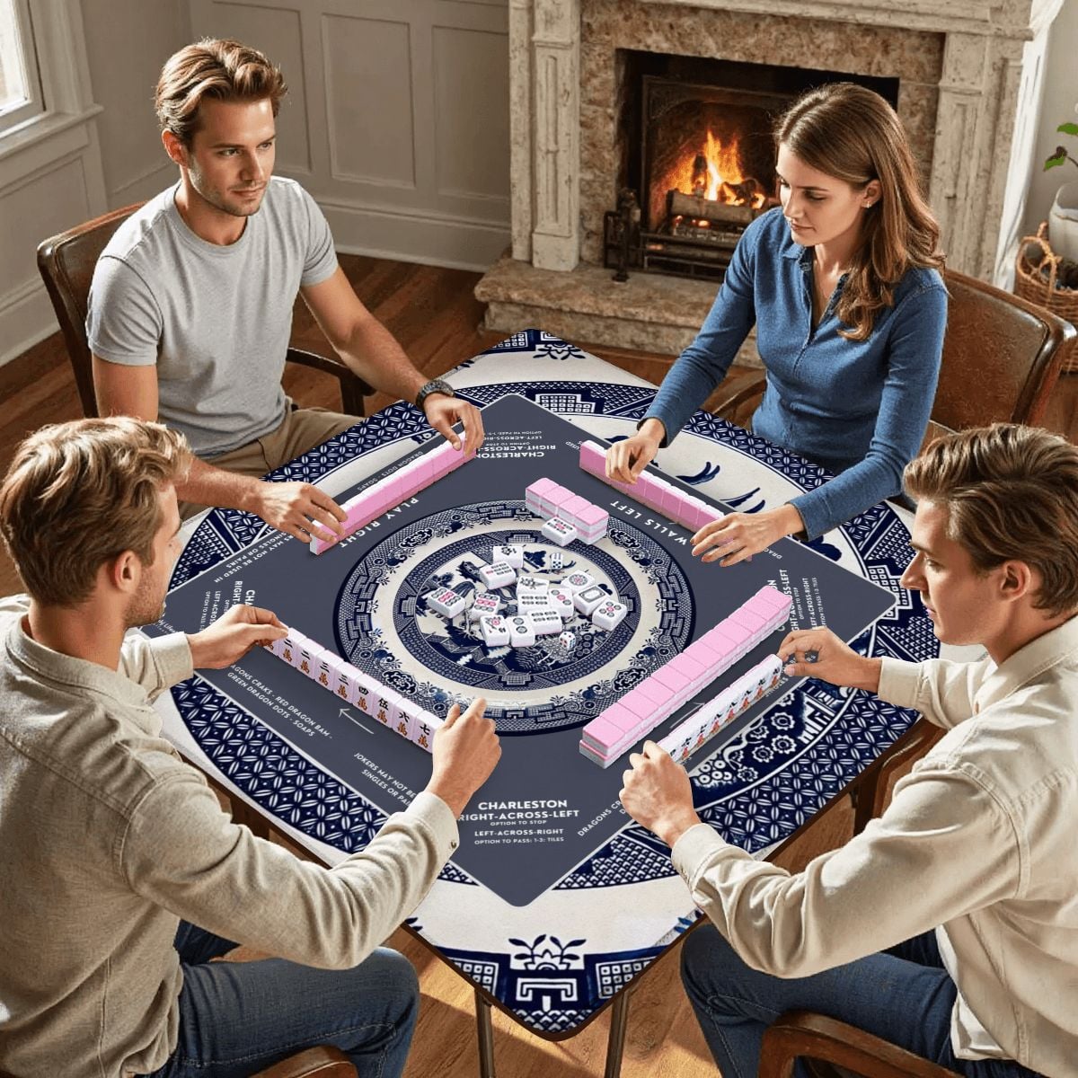 Chinoiserie Mahjong Mat with Storage Case | Classic Blue & White Table Mat
