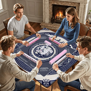 Chinoiserie Mahjong Mat with Storage Case | Classic Blue & White Table Mat