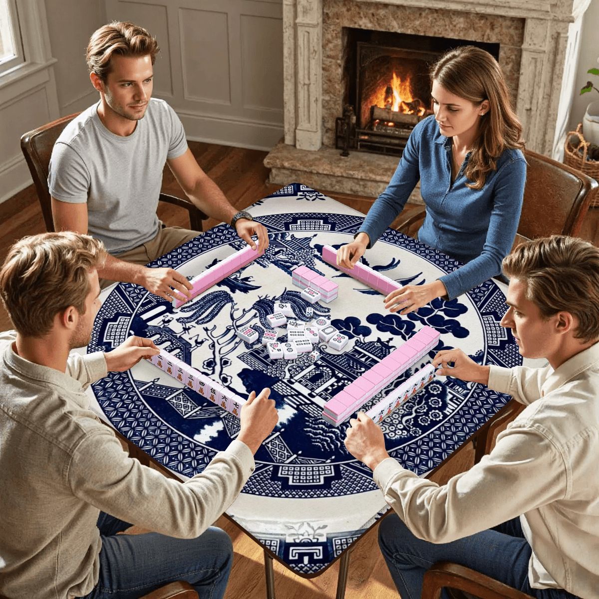 Navy Chinoiserie Mahjong Mat 31.5 x 31.5 - Essential for Mahjong Enthusiasts