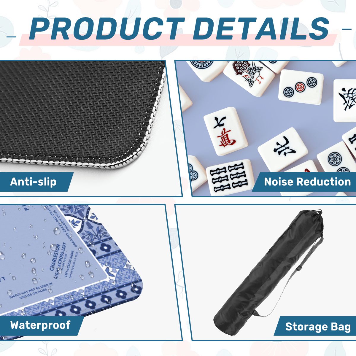 Blue Floral Mahjong Mat 30x30 - Durable Surface for Game Night Enthusiasts