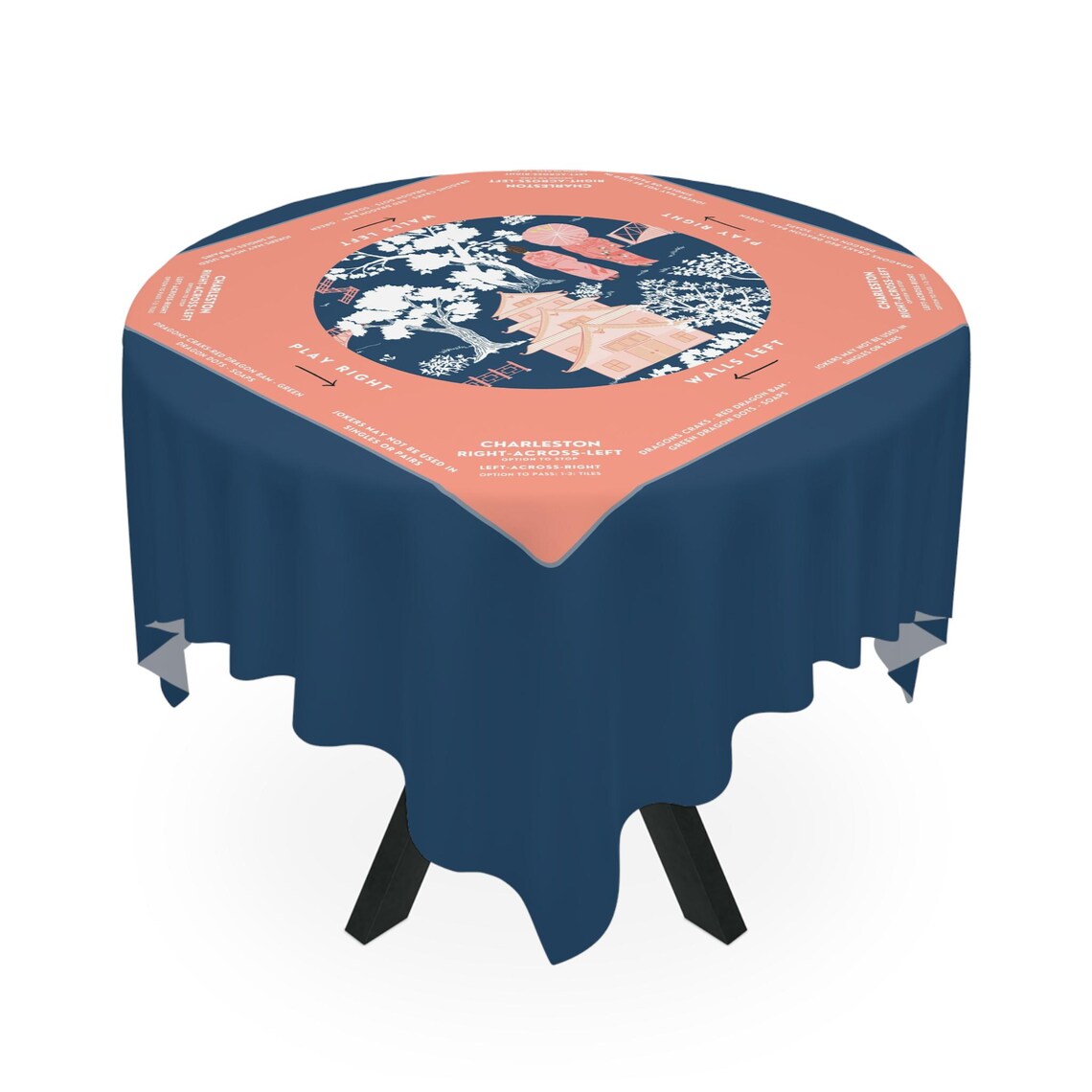 Elegant Navy and Pink Floral Mahjong Tablecloth - Perfect for Mahjong Enthusiasts, Teams, and Lovers
