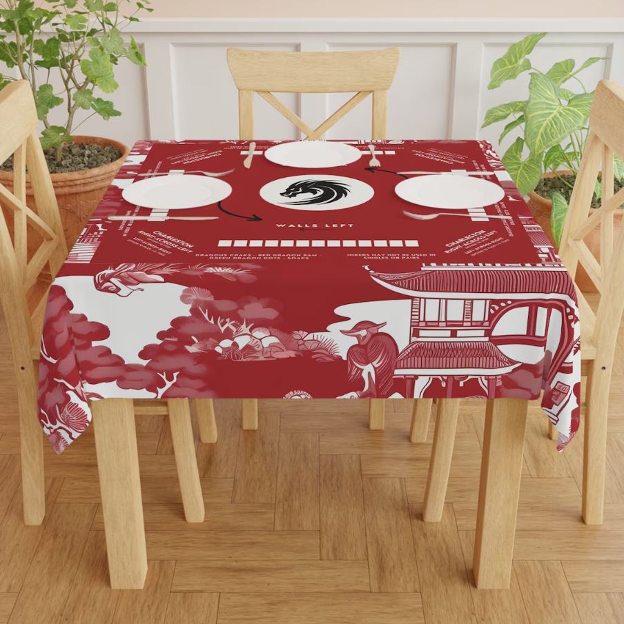 Dark Red Mahjong, Chinoiserie Design, Chinoiserie Style Tablecloth, size 55.1" by 55.1", Mahjong Chinoiserie tabletop with instructions