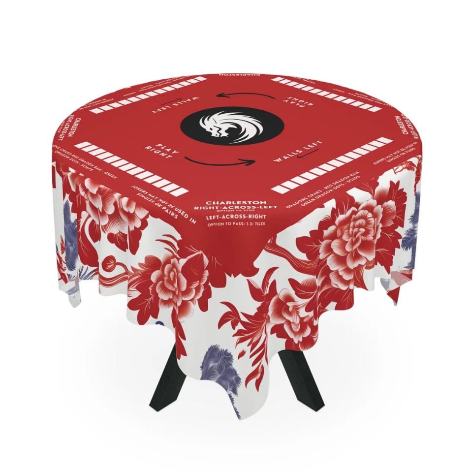 Red Mahjong table cloth, Serene Bamboo Breeze Mahjong, Red and blue Chinoiserie Design, size 55.1" by 55.1", Mahjong with instructions