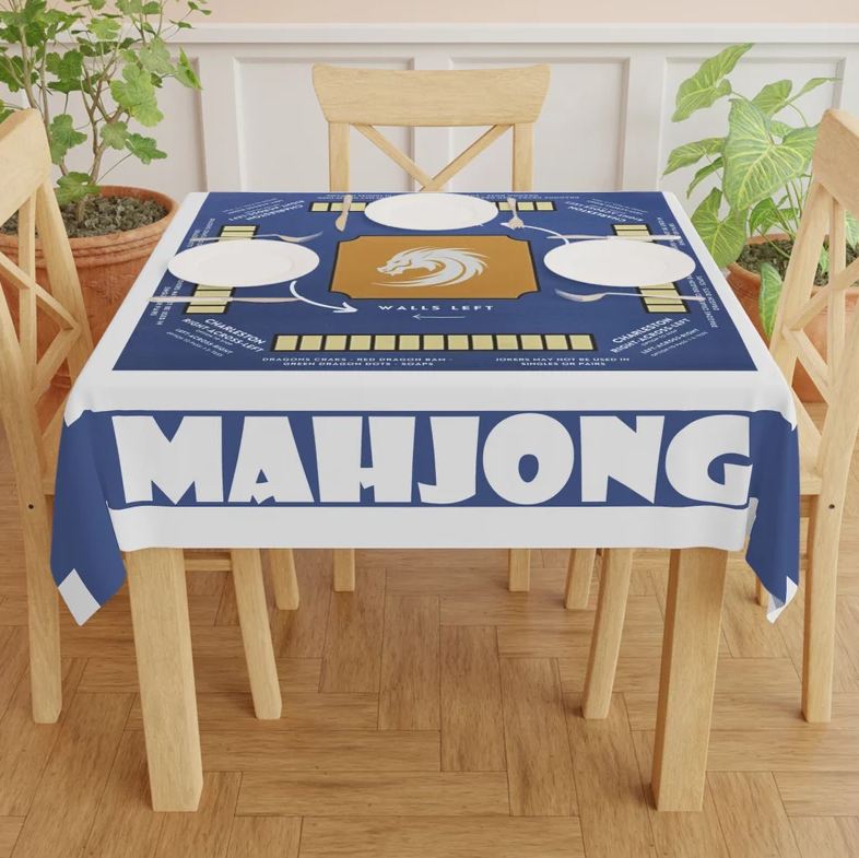 White blue with instructions-easy-to-follow mahjong tablecloth