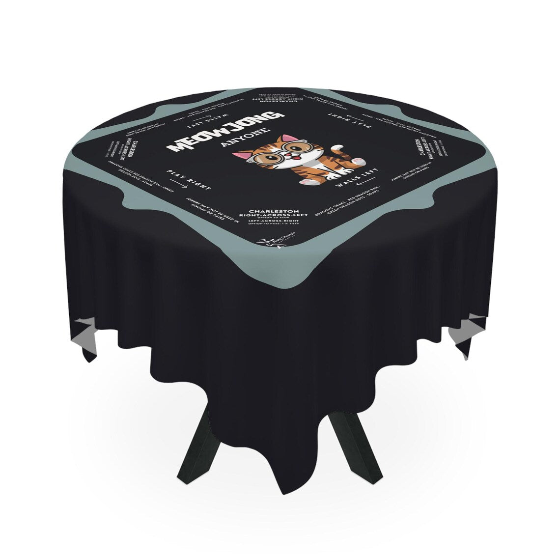 Cute Kitten Blue Rim Mahjong Tablecloth with Instructions - Perfect for Mahjong Lovers