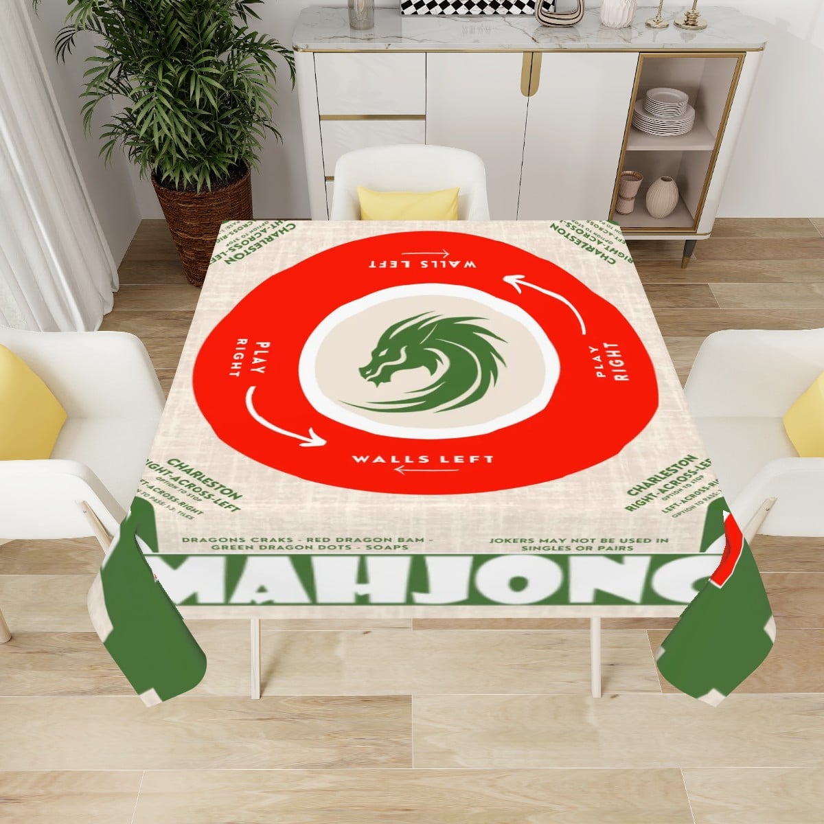Mahjong Statement Tablecloth | Red, Green & White Graphic Design