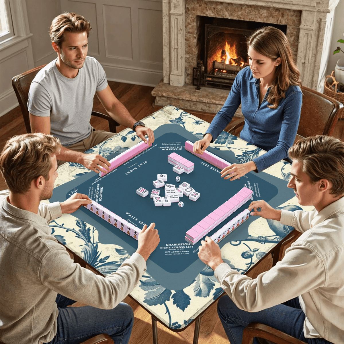 Blue Floral Mahjong Mat 31.5 x 31.5 - For Enhancing Game Night Experience