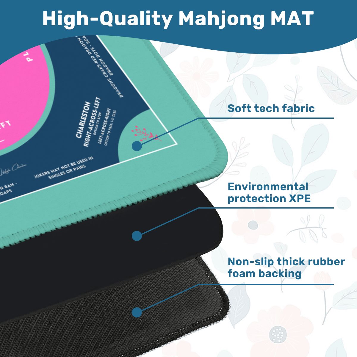 Teal Flower Design Mahjong Mat 31.5 x 31.5, For Game Night for Mahjong Fans