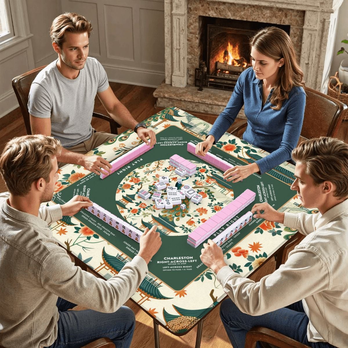 Green Peacock Mahjong Mat with Storage Case