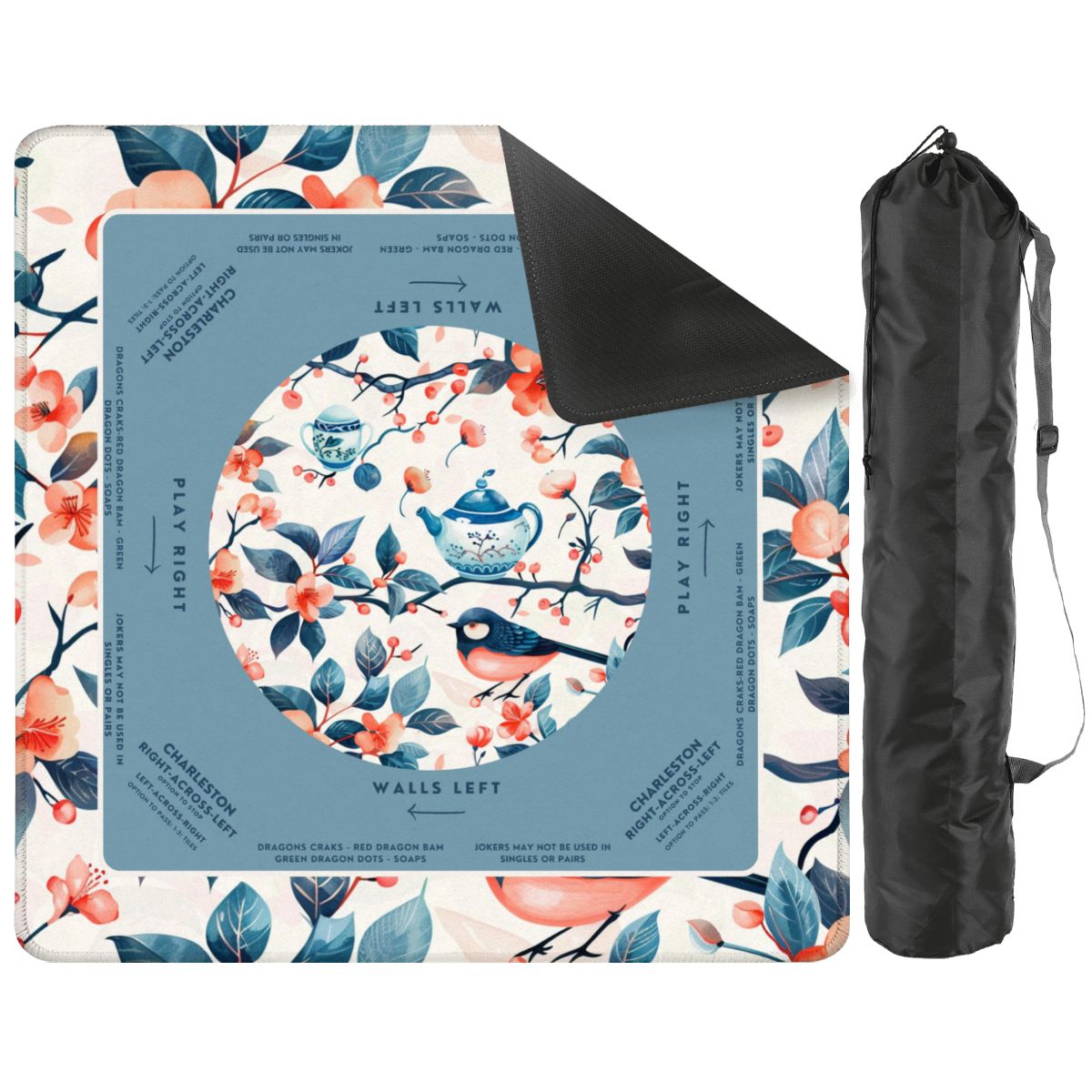 Birds and Tea Design Mahjong Mat, Size 31.5 x 31.5, Smooth Play Surface
