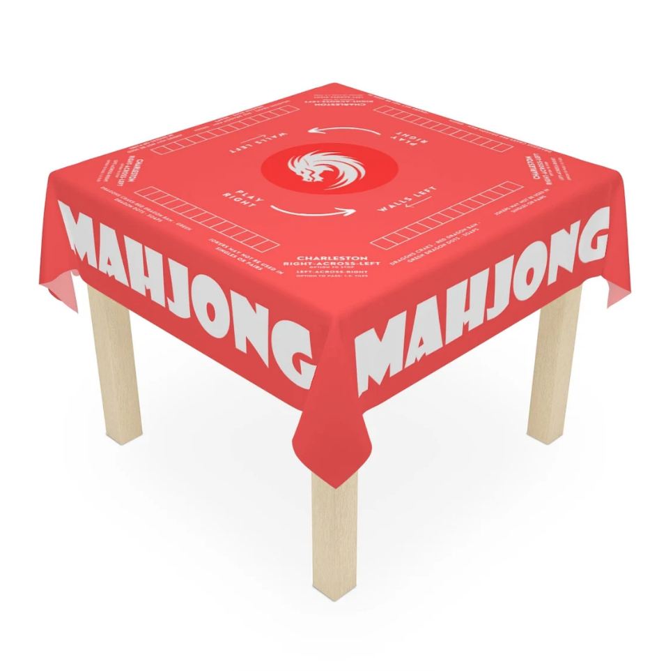 Mahjong with Rules, tablecloth Salmon Orange color to match your tiles, Instructions on tablecloth, easy for beginner to follow along
