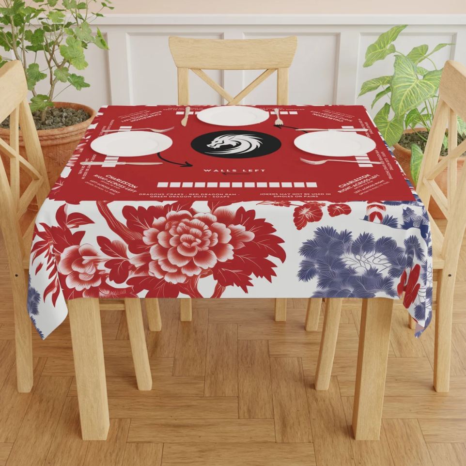 Red Mahjong table cloth, Serene Bamboo Breeze Mahjong, Red and blue Chinoiserie Design, size 55.1" by 55.1", Mahjong with instructions