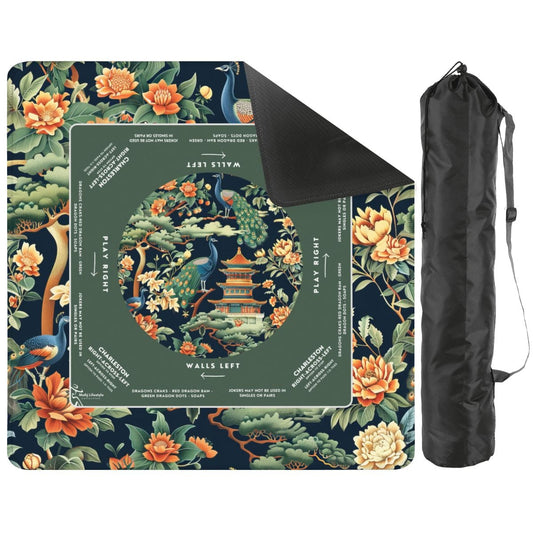 Green Peacock Chinoiserie Mahjong Mat with Storage Case