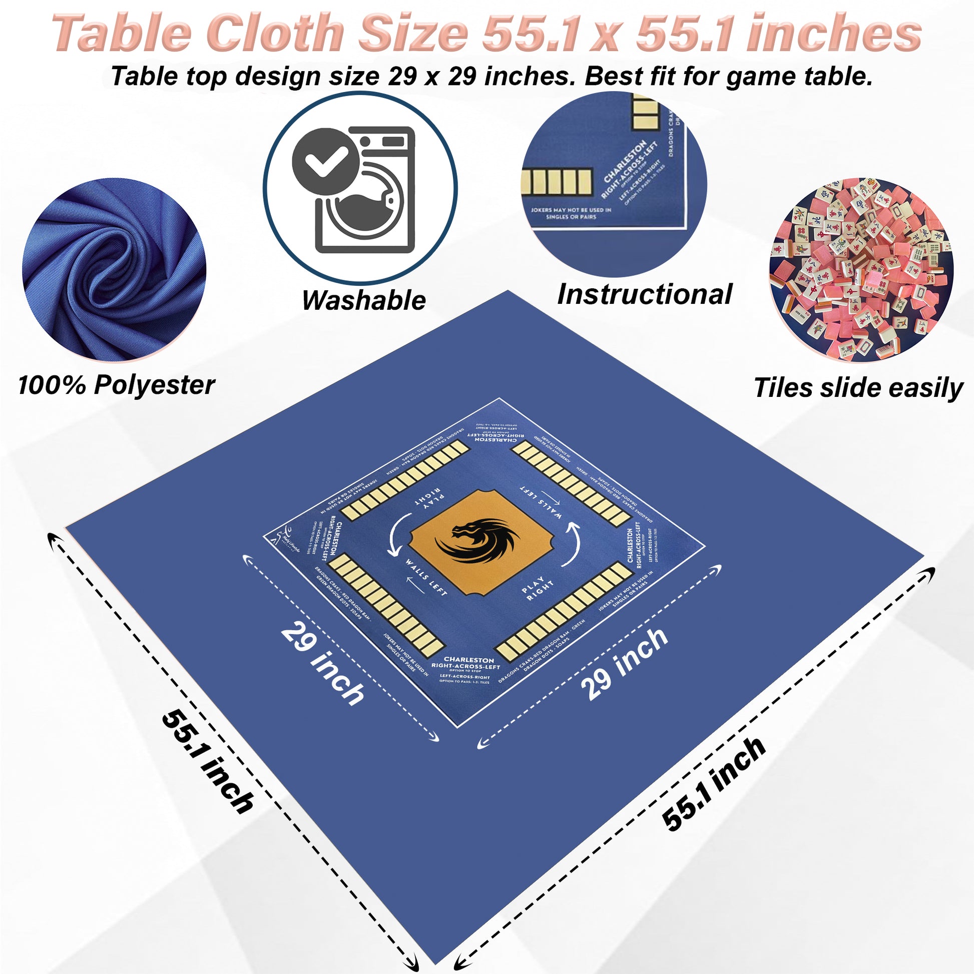 Blue/Gold Mahjong Tablecloth-easy-to-follow mah-jong tablecloth