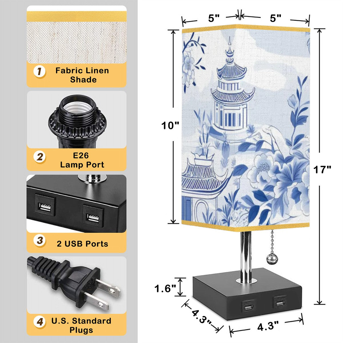 Square Table Lamp with USB Port Gold Trim