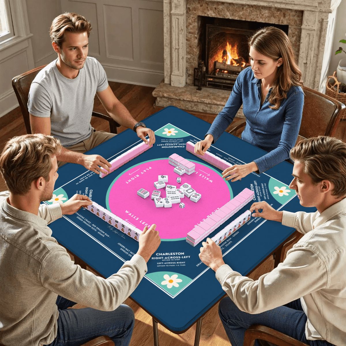 Blue Daisy Design Mahjong Mat, Size 31.5 x 31.5