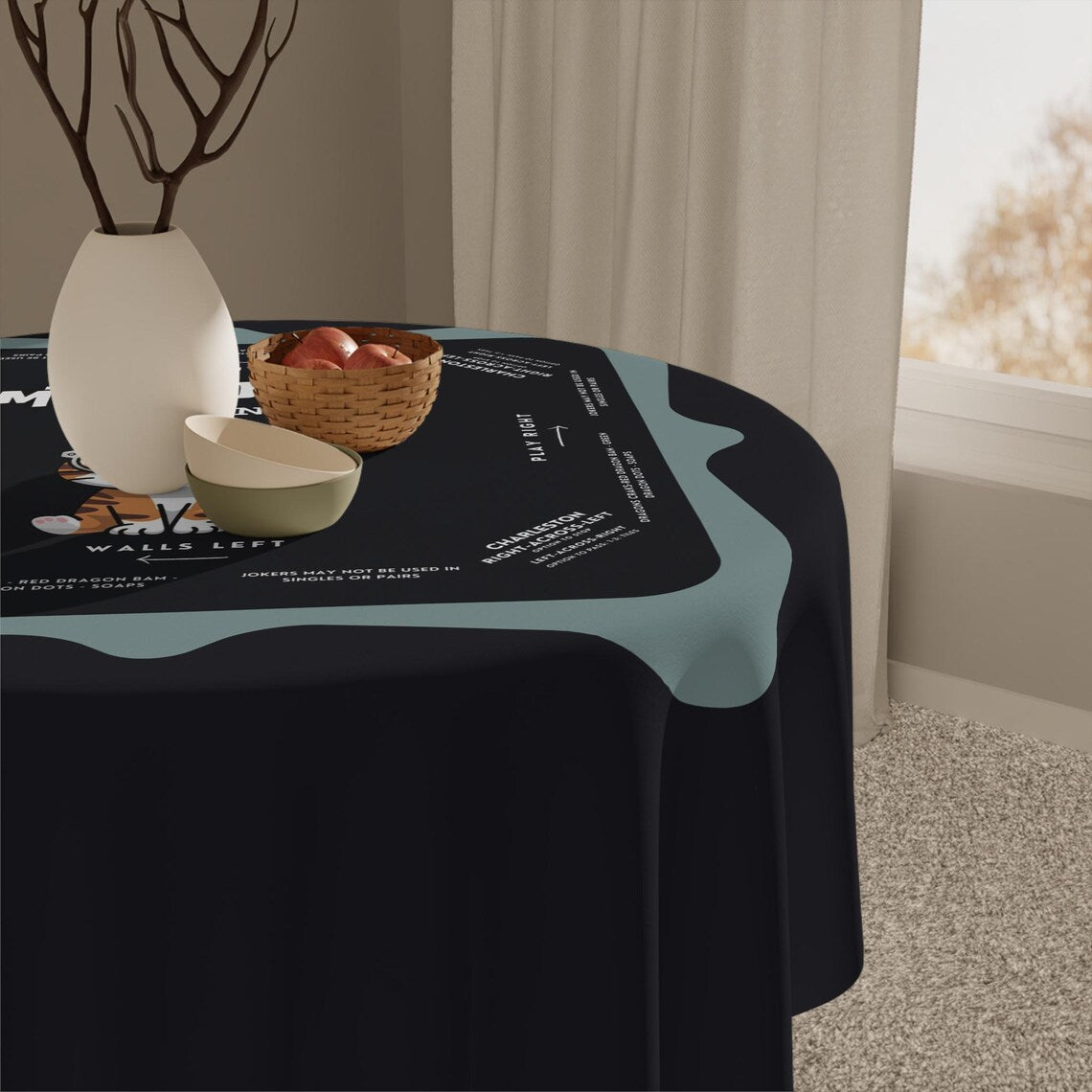 Cute Kitten Blue Rim Mahjong Tablecloth with Instructions - Perfect for Mahjong Lovers