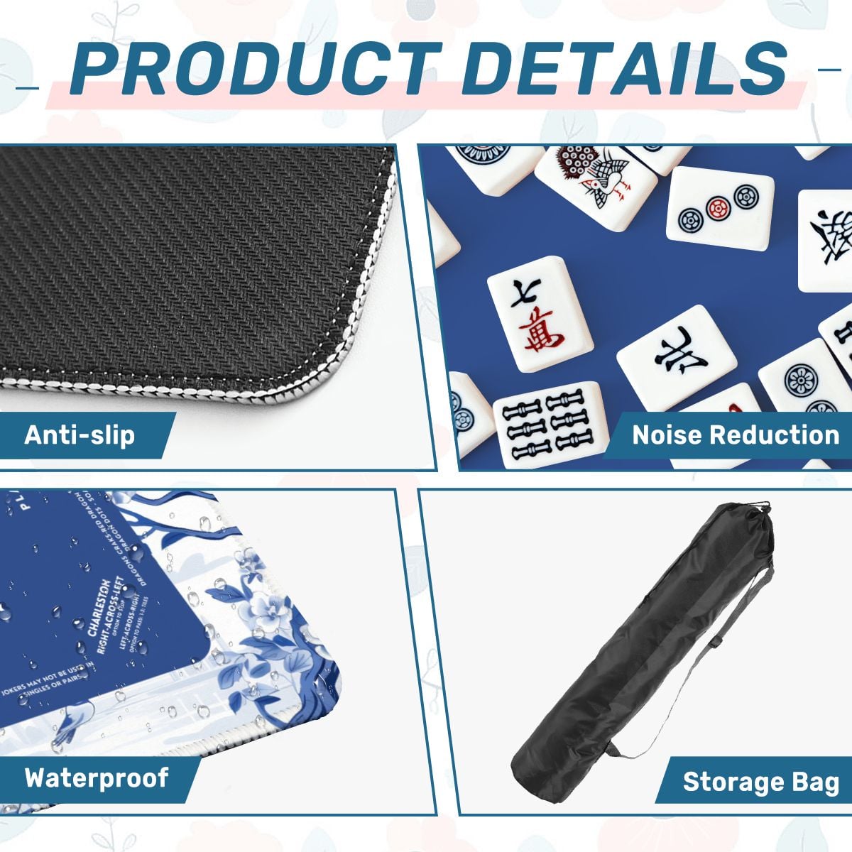 Blue Garden Mahjong Mat with Storage Case | Classic Blue & White Design