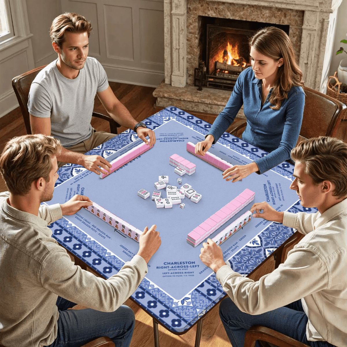 Blue Floral Mahjong Mat 30x30 - Durable Surface for Game Night Enthusiasts