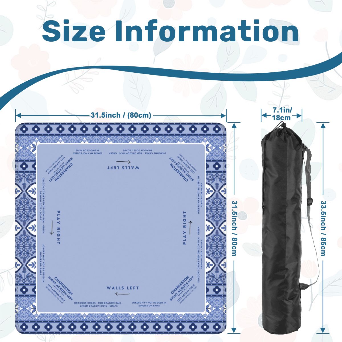 Blue Floral Mahjong Mat 30x30 - Durable Surface for Game Night Enthusiasts