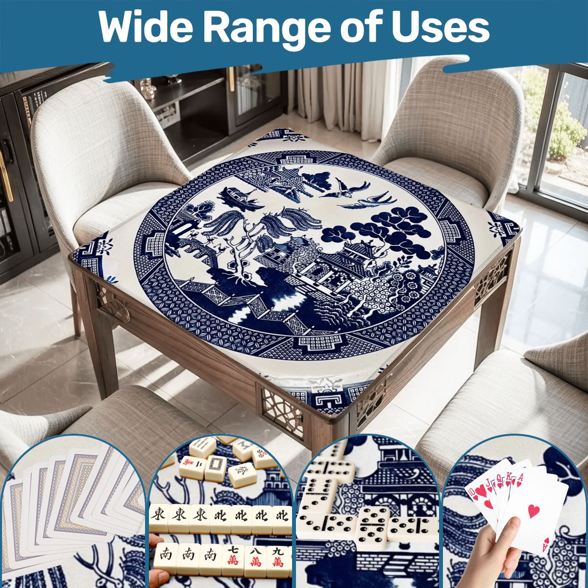 Navy Chinoiserie Mahjong Mat 31.5 x 31.5 - Essential for Mahjong Enthusiasts
