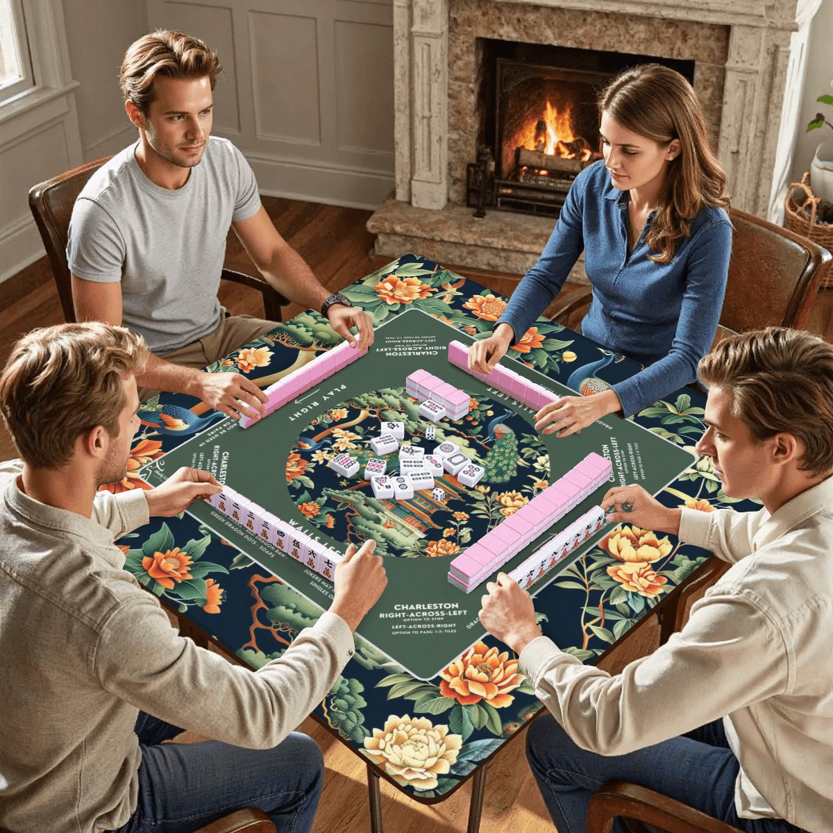 Green Peacock Mahjong Mat 30x30 - Durable Surface for Great Game Nights