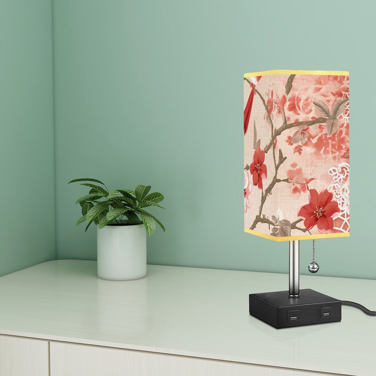 Square Table Lamp with USB Port Gold Trim