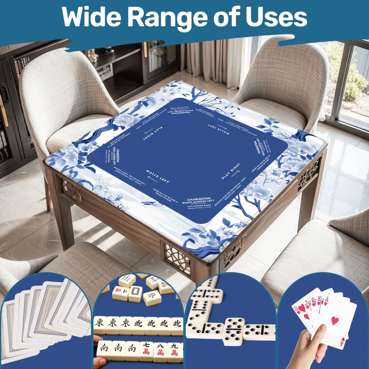 Blue Garden Mahjong Mat with Storage Case | Classic Blue & White Design